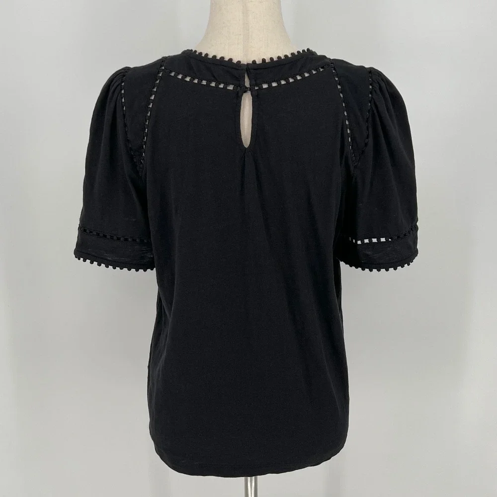 Boden Womens Mila Pom Pom Trim Short Puff Sleeve Top Size 8 Black Cotton Boho
